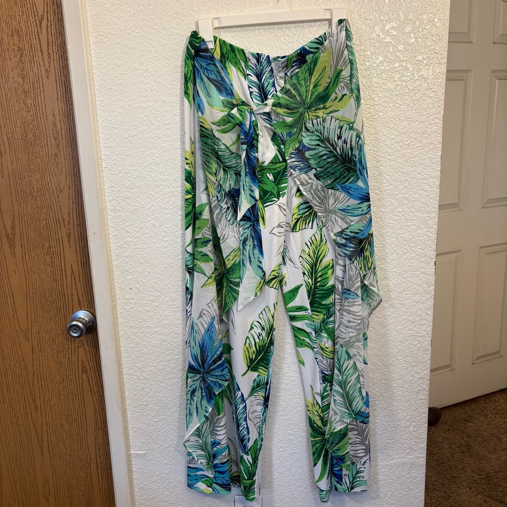 Graver Susan Graver Tropical Leaf‎ Print Wide Leg Wrap Palazzo Pants Women's M